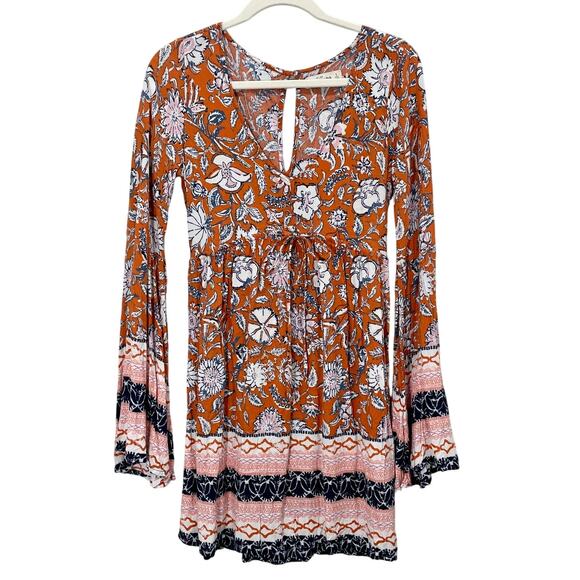 Abercrombie & Fitch Floral V-Neck Bell Sleeve Boho Western Baby Doll Mini Dress - Picture 1 of 8